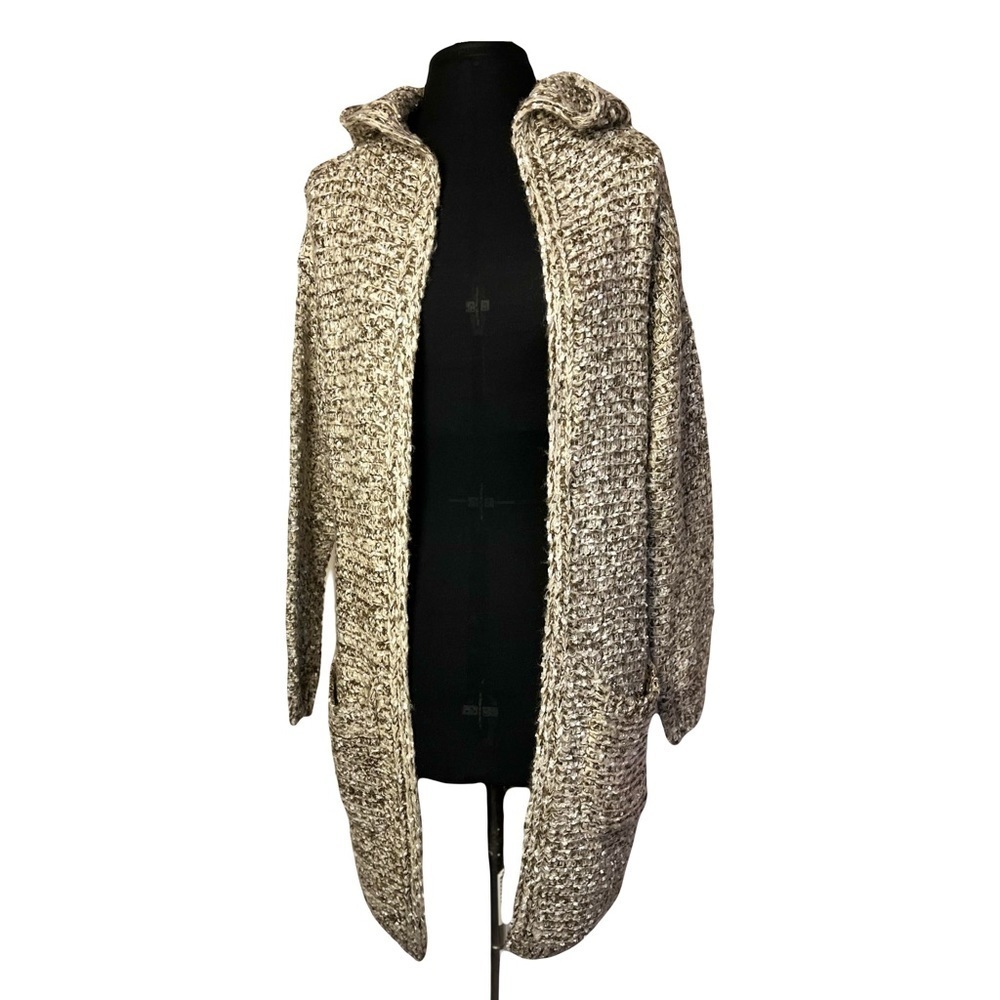 Easel | Marled Gray Open Front Hooded Longline Duster Cardigan, Small/Medium